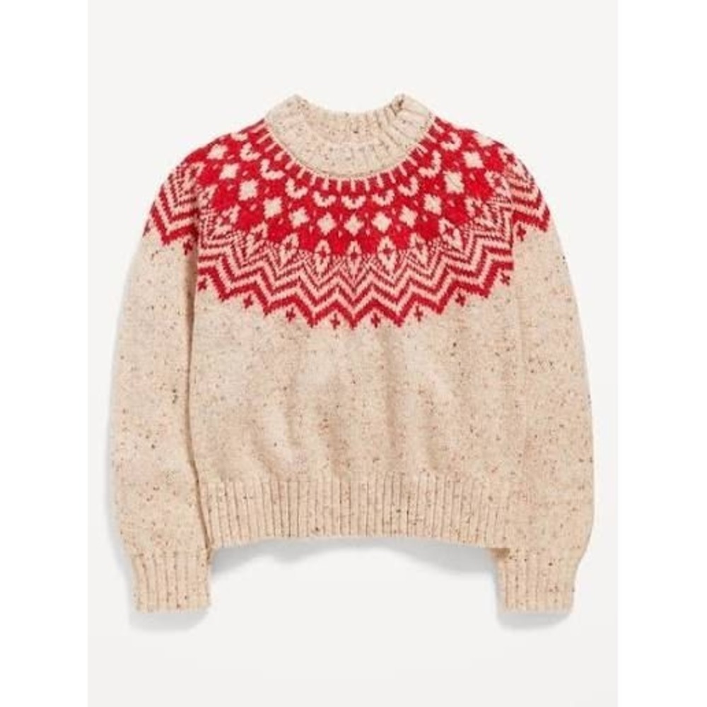 Old Navy Girl's Cozy Mock Neck Cable Knit Pullover Sweater - Tan/Red - Small 6/7